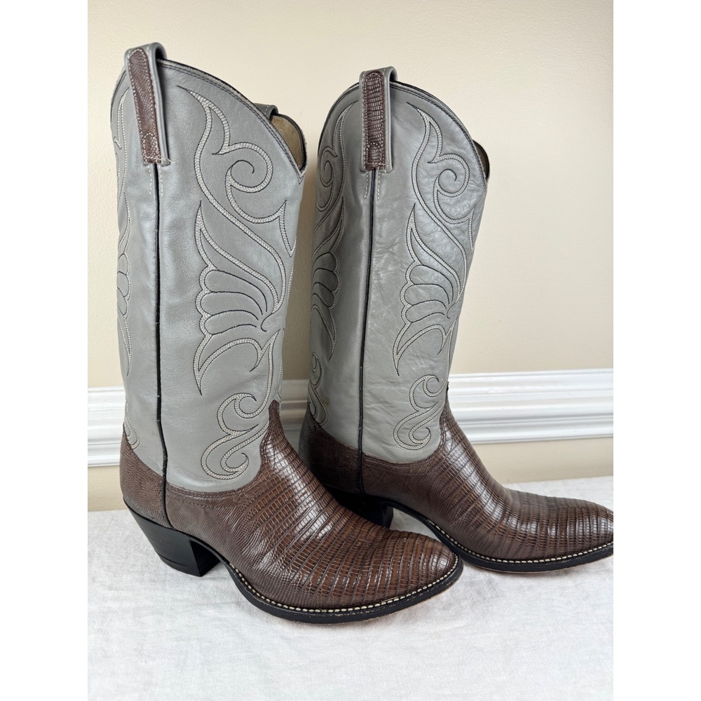 Vintage Dan Post Teju Lizard Cowboy Boots Mens 7.5 EE Womens 9 EE Brown & Grey